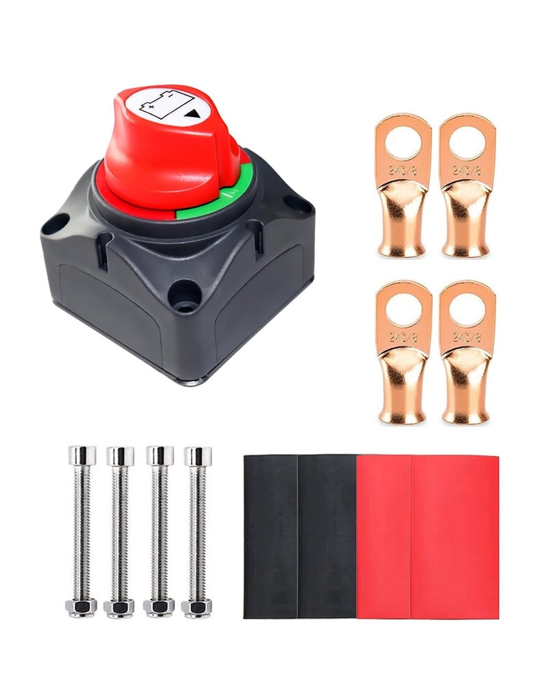 Gioyonil Battery Disconnect Switch Isolator, 12V-48V On-Off Power Cut Master Shut-Off Switch with 2 AWG x 3/8” Ring Terminals & 3:1 Heat Shrink for Marine Camper Trailer RV Boat Automotive - Image 1